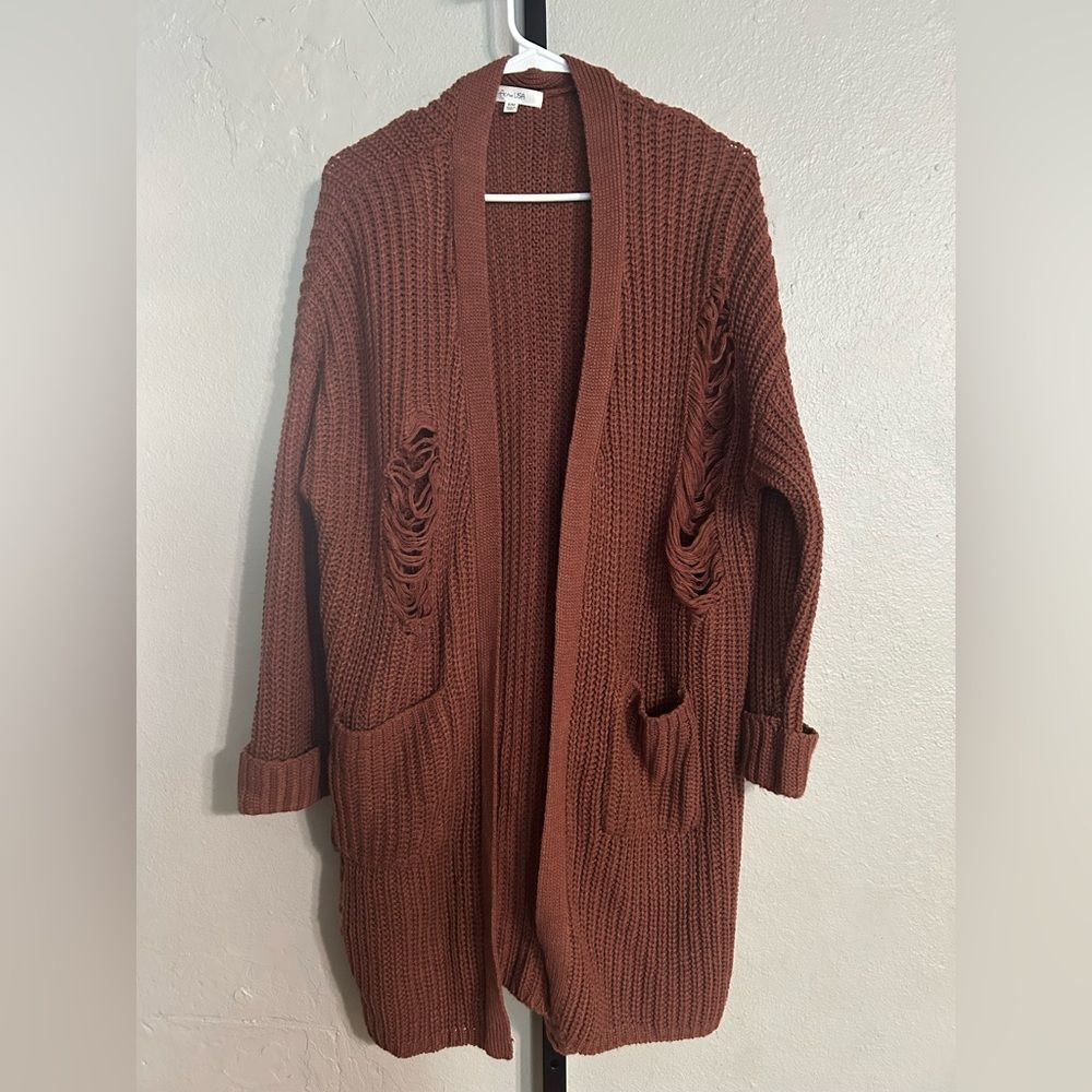 Rust Open-Front Chunky Knit Cardigan Sweater Size S/M